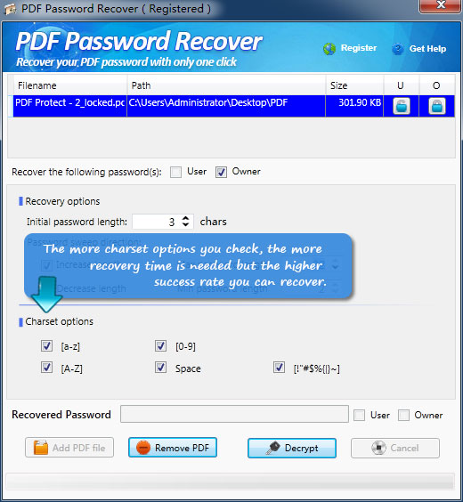 Set options to recover your PDF password