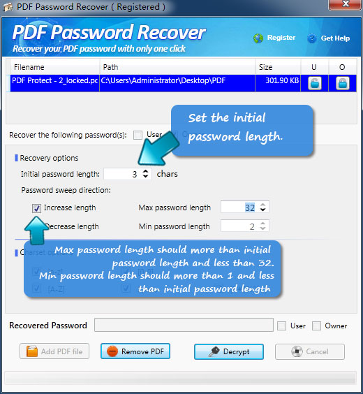 Set options to recover your PDF password