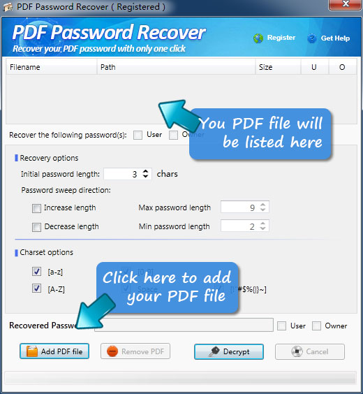 PDF Password Recover: Add PDF Files
