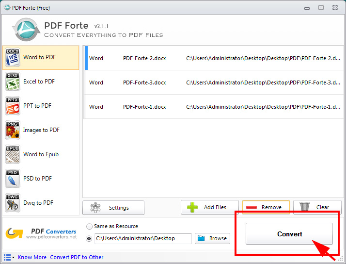 Click 'Convert' button to start PDF Forte converting process