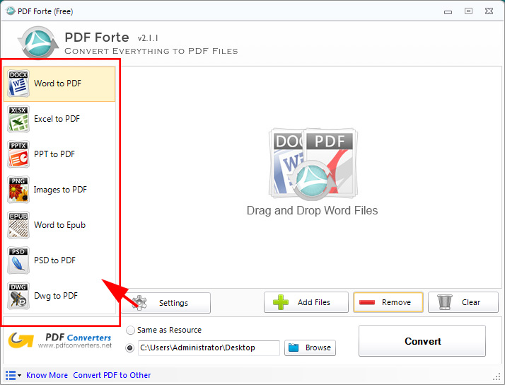 Select to convert Word to PDF, convert Excel to PDF, convert PPT to PDF, convert Images to PDF, convert Word to Epub, convert PSD to PDF and convert Dwg to PDF in option list.