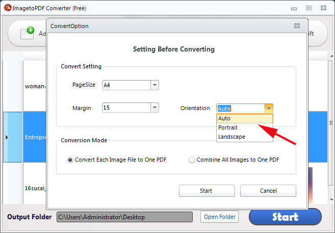 set pdf page orientation for your PDF files before converting your image files to PDFs