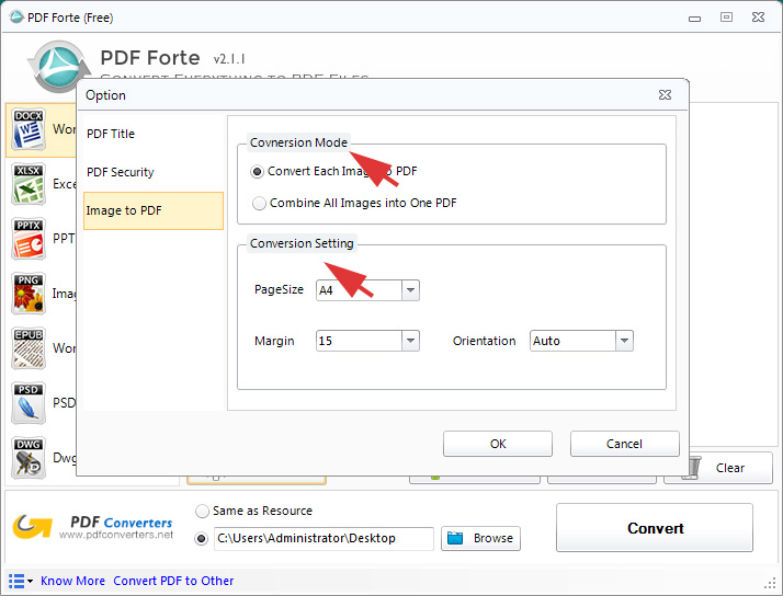 Convert images to PDF settings