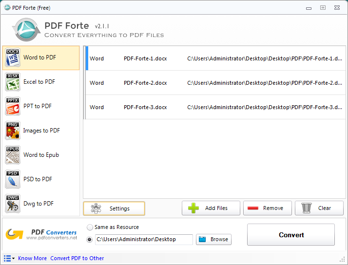 Drag and drop files onto PDF Forte. Word to PDF, Excel to PDF, PPT to PDF, PSD to PDF, Dwg to PDF, Images to PDF