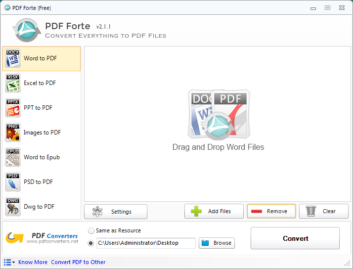 Mainwindow of PDF Forte. Word to PDF, Excel to PDF, PPT to PDF, PSD to PDF, Dwg to PDF, Images to PDF
