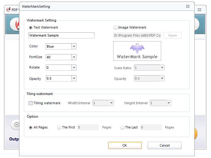 Screenshot of advacned settings in PDF Watermark