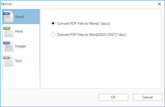 Options for converting PDF toi .docx file or .doc file