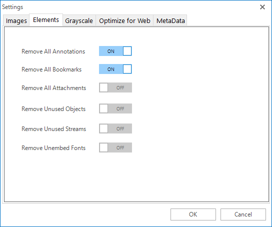 "Elements" tab on the "Settings' panel.