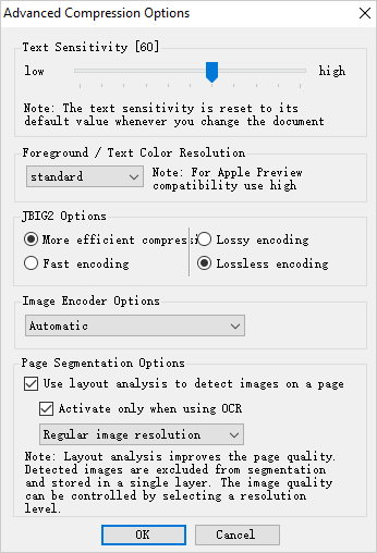 "Advanced Compression Options" panel of PDF Compressor.