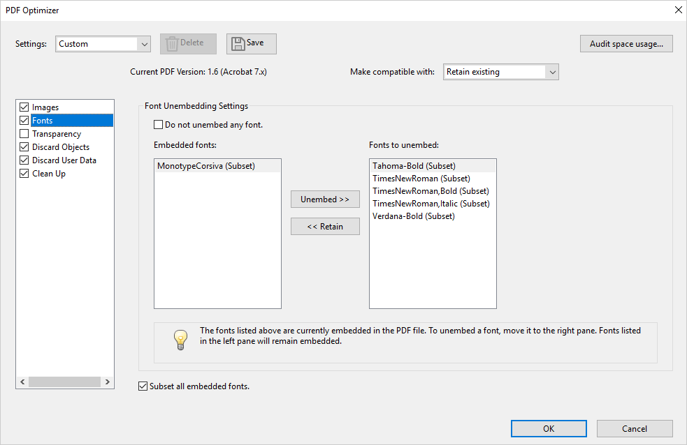 'Fonts" module of "PDF Optimizer".