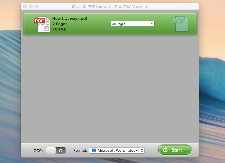 Interface of iSkysoft PDF Converter Pro for Mac.