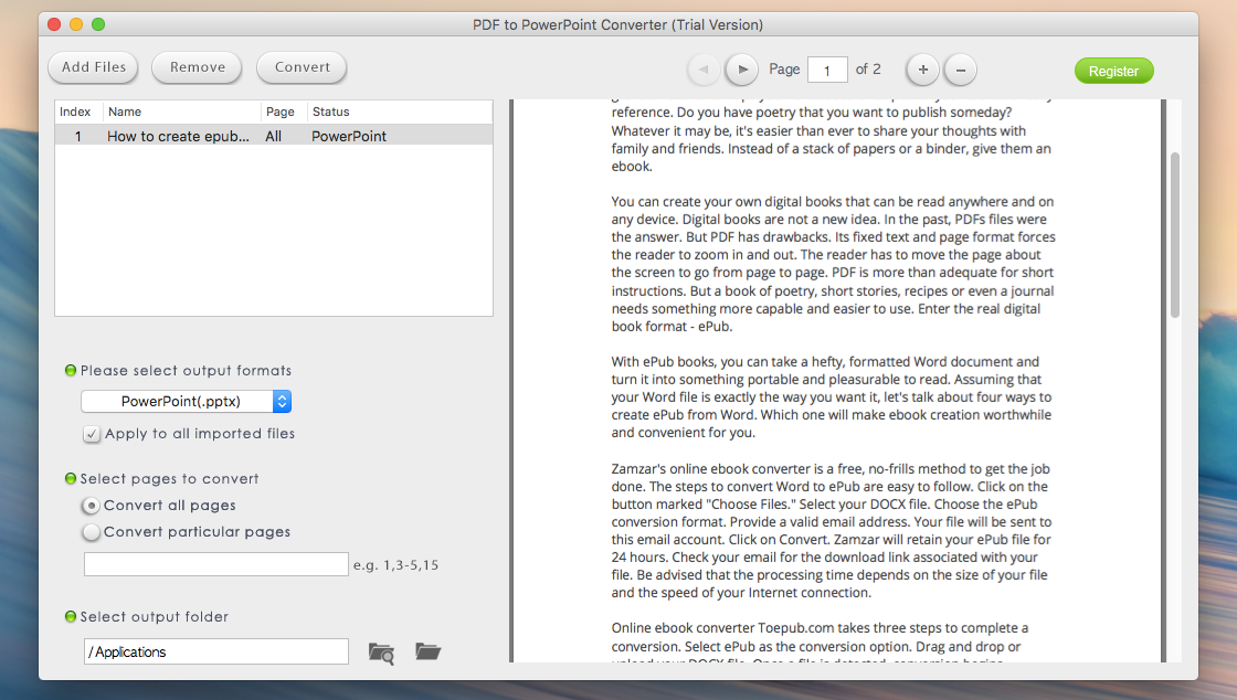 Interface of Lighten PDF to PowerPoint Converter for Mac.