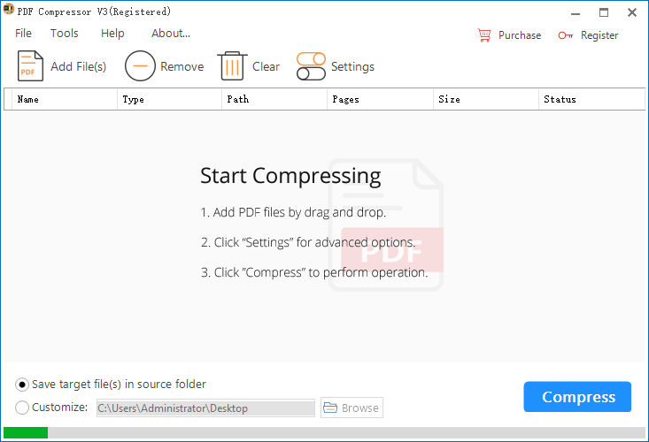 Mian window of PDF Compressor V3.