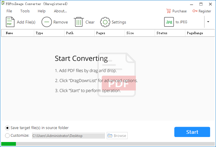 Main window of PDFtoImage Converter.