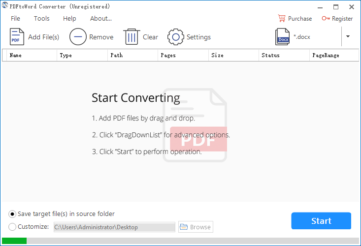 Main window of PDFtoWord Converter.