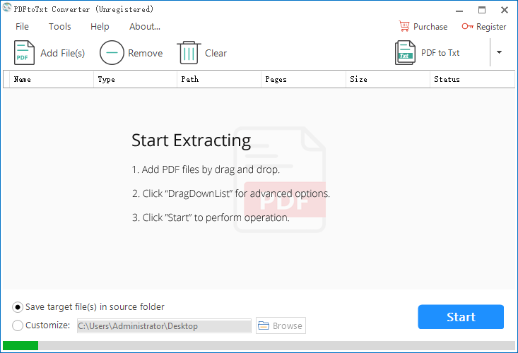 Mian window of PDFToTXT Converter.