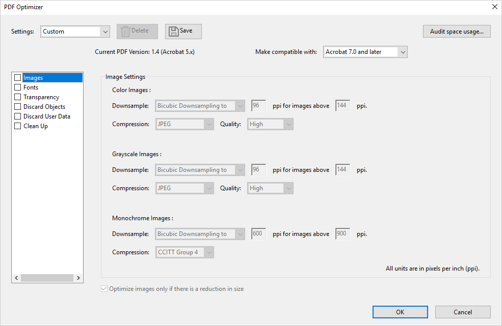 "PDF Optimizer" panel of Adobe Acrobat DC.