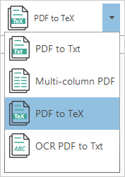 "PDF to Tex" option of PDFtoTXT Converter.