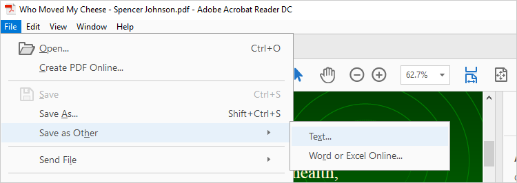 "Save as text" operation of Adobe Reader.