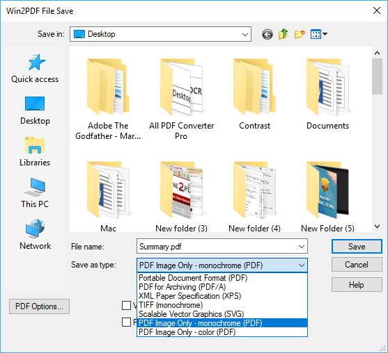 Save created PDF with Win2PDF.