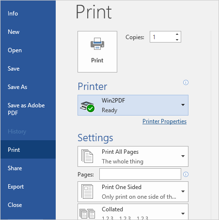 Select the "Win2PDF" printer.