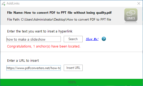 Insert a hyperlink into the text using PDF Link Editor.